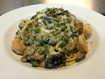 Product: Linguini Tri-Mushroom w/ Shrimp - Greenwich Village Cafe in Vernon, CA Italian Restaurants