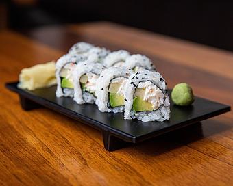 Product: nori seaweed wrapped with sushi rice, king crab, mayo, cucumber and avocado. sliced into eight pieces and served with soy sauce, pickled ginger and wasabi - Hub 51 in River North - Chicago, IL American Restaurants