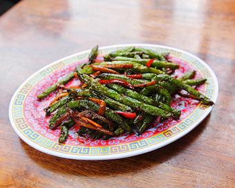 Product: wrinkled green beans are cooked in the wok with spicy ginger soy sauce, bamboo shoots and carrots - Hub 51 in River North - Chicago, IL American Restaurants