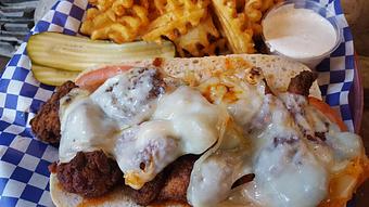 Product: VooDoo Sandwich, Get it with chicken or shrimp - Hwy 61 Roadhouse & Kitchen in Saint Louis, MO Barbecue Restaurants
