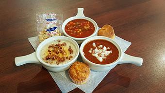 Product: All Soups are served with a Cornbread Side. Also, "Mound It" with Cheese and Bacon for an additional $1.25. SOUPS: Potato Soup, Vegetable Soup, Chili and Soup of the Day - Indian Mound Cafe in Norwood, OH Indian Restaurants