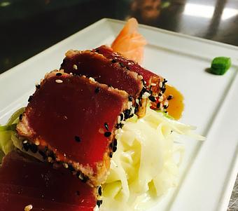 Product: Seared Ahi Tuna with Jicama & Apple slaw, pickled ginger and wasabi.  Teriyaki Glaze - JJ's Restaurant in Kansas City, MO French Restaurants