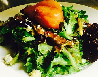 Product: Roasted d'anjou pears, English Stilton cheese, toasted walnuts, baby greens, and Dijon vinaigrette. - JJ's Restaurant in Kansas City, MO French Restaurants
