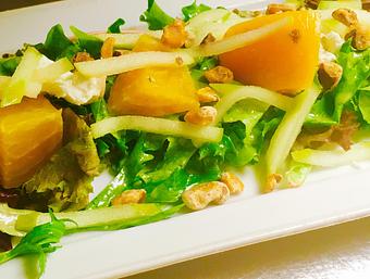 Product: Baby heirloom and caondy striped beets on a bed of of mixed greeens with Granny Smith apples, toasted black walnuts, honey goat cheese and citris vinaigrette. - JJ's Restaurant in Kansas City, MO French Restaurants