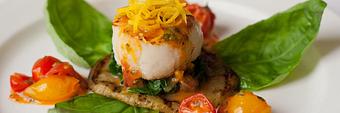 Product: Grilled Sea scallop on Eggplant with Tomato compote - Joes Dining in Santa Fe, NM Pizza Restaurant