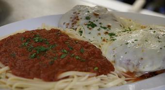 Product: Breaded Chicken Cutlet Parmigiana with Linguine Entree - Kinchley's Tavern in Ramsey, NJ - Ramsey, NJ Pizza Restaurant