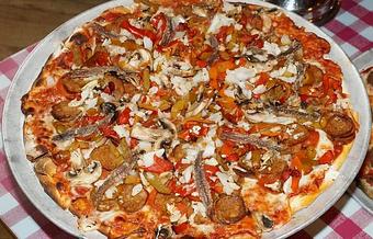 Product: Garbage Pie - Pepperoni, Sausage, Onion, Mushroom, Sweet Pepper and Anchovy - Kinchley's Tavern in Ramsey, NJ - Ramsey, NJ Pizza Restaurant