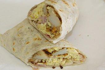 Product: (Small) Scrambled Eggs, Ham, Refried Beans and Homefries wrapped in a Flour Tortilla! - La Lupita Tacos Mexicanos in Olneyville - Providence, RI Mexican Restaurants
