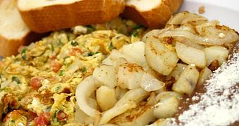 Product: (A la Mexicana) Eggs served scrambled or sunny side up with Refried Beans, Homefries (3), Corn Tortillas or Mexican style Telera Bread - La Lupita Tacos Mexicanos in Olneyville - Providence, RI Mexican Restaurants