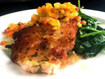 Product: Encrusted with an herb breadcrumb & mango chutney, served over baby spinach - La Mezzaluna in Princeton, NJ Italian Restaurants