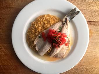 Product: Oven Roasted Branzino fillet served with a creamy lobster risotto & tomato bruschetta - La Mezzaluna in Princeton, NJ Italian Restaurants