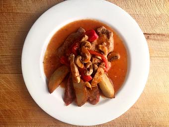 Product: Cooked in marsala wine with sweet Italian sausage, wild mushrooms, roasted potatoes & red pepper - La Mezzaluna in Princeton, NJ Italian Restaurants