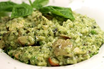 Product: Risotto in a sweet demi-glace with grape tomatoes, mushrooms & spinach - La Mezzaluna in Princeton, NJ Italian Restaurants