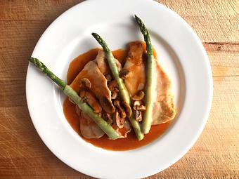 Product: Cooked in a truffle sauce with fresh mozzarella, asparagus & mushrooms - La Mezzaluna in Princeton, NJ Italian Restaurants