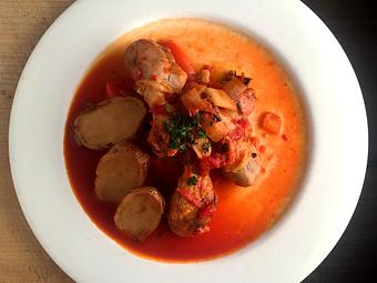 Product: Cooked in marsala wine with sweet Italian sausage, portobello mushrooms, roasted potatoes & red pepper - La Mezzaluna in Princeton, NJ Italian Restaurants