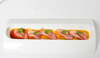 Product: with ginger pickled asian pear, red fresno chile, micro cilantro, tobiko caviar, and yuzu ponzu - La Tour Restaurant in Vail, CO French Restaurants