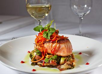 Product: soy glazed with pork belly, peanuts, brussel sprouts, mushrooms, shishito peppers, and lemongrass vinaigrette - La Tour Restaurant in Vail, CO French Restaurants