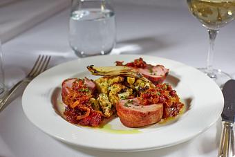 Product: with roasted cauliflower, pine nuts, black currants, pickled endive, and bacon jam - La Tour Restaurant in Vail, CO French Restaurants