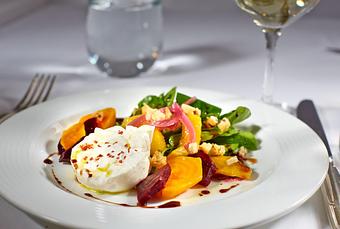 Product: Red & Gold Beet Salad with bur rata cheese, oranges, watercress, rosemary croutons, aged balsamic, and extra virgin olive oil - La Tour Restaurant in Vail, CO French Restaurants