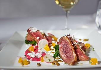 Product: with mustard greens, spring radish, orange, duck powder, pepitas, and rhubarb aioli - La Tour Restaurant in Vail, CO French Restaurants