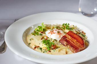 Product: with, egg, asparagus, parmigiano-reggiano, spaghetti, and cream - La Tour Restaurant in Vail, CO French Restaurants