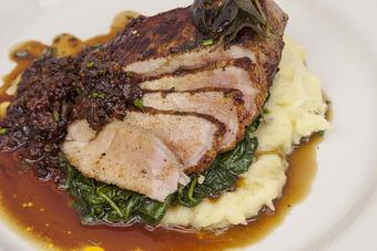 Product: Smoked paprika, maple-onion-bacon ragout, garlic-whipped potato and wilted spinach - Little Waldorf Saloon in Reno, NV American Restaurants