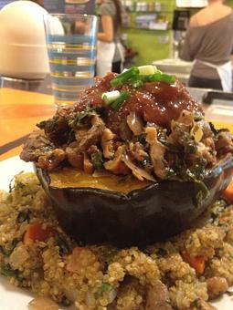 Product: Seasonal stuffed acorn squash with balsamic cherry sauce - Main Squeeze in Beautiful Downtown Columbia - Columbia, MO Sandwich Shop Restaurants