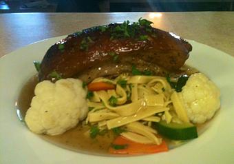 Product: Our Beer Braised Pork Belly with Egg Noodles - Margaret's German Restaurant in The Farm Shopping Center - Tulsa, OK European Cuisine