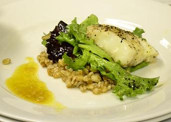 Product: Oven Roasted Cod with Farro and Spring Greens - Margaret's German Restaurant in The Farm Shopping Center - Tulsa, OK European Cuisine