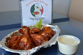Product: Mild Wings. Also available Hot or buffalo style, BBQ or plain. Includes celery and choice of dipping sauce like ranch or blue cheese. - Mario's Pizza & Grill in Knoxville, TN Pizza Restaurant