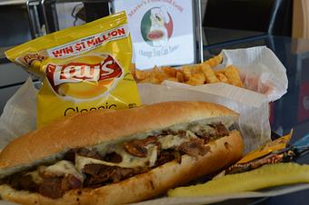 Product: Philly Steak with chips or can upgrade to fries. - Mario's Pizza & Grill in Knoxville, TN Pizza Restaurant