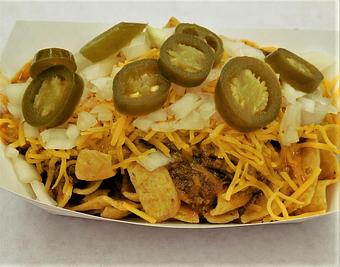 Product: Frito Pie, with 3 mistake chili, shredded cheddar cheese, onions and jalapenos. - Meyer's Elgin Smokehouse in Elgin, TX Barbecue Restaurants