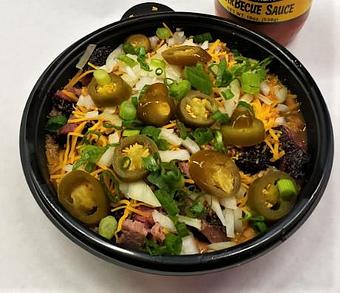 Product: Tx. BBQ Bowl, your choice 1 meat 2 sides, shredded cheddar cheese, onions, jalapenos , bbq sauce. - Meyer's Elgin Smokehouse in Elgin, TX Barbecue Restaurants