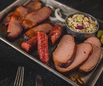 Product: 3 meat plate. - Meyer's Elgin Smokehouse in Elgin, TX Barbecue Restaurants