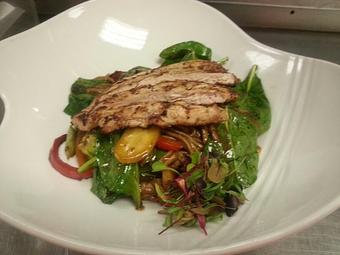 Product: Fresh Soba noodles with sauteed asparagus, tri-colored bell peppers, heirloom carrots, wild mushrooms, broccoli, and fresh spinach in an Asian plum sauce - Michael Anthony's at the Inn in Versailles, OH Restaurants/Food & Dining