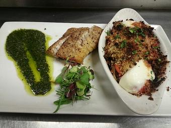 Product: Pan seared Blue Cod with a cherry tomato gratin and a roasted walnut and honey basil pesto sauce - Michael Anthony's at the Inn in Versailles, OH Restaurants/Food & Dining