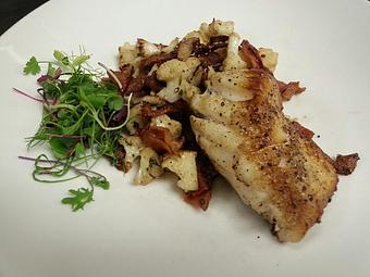 Product: Pan-seared Atlantic Cod over sauteed cauliflower with bacon, fresh sage and shallots - Michael Anthony's at the Inn in Versailles, OH Restaurants/Food & Dining