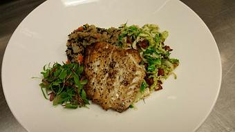 Product: Pan-seared Cod over sautéed shaved brussel sprouts with crispy bacon and a summer quinoa pilaf - Michael Anthony's at the Inn in Versailles, OH Restaurants/Food & Dining