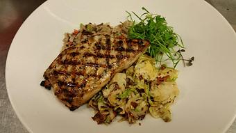 Product: Wood-fired Swordfish over a southern wild rice pilaf and a side of shaved brussel sprouts with crispy bacon - Michael Anthony's at the Inn in Versailles, OH Restaurants/Food & Dining