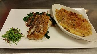 Product: Pan-seared Cod with wild caught crab "mac N cheese", sauteed kale with crispy bacon and shallots - Michael Anthony's at the Inn in Versailles, OH Restaurants/Food & Dining