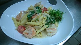 Product: Garganelli with sauteed gulf shrimp, lump crab meat, tomatoes, wild mushroom, kale and arugula in a white wine Mornay sauce - Michael Anthony's at the Inn in Versailles, OH Restaurants/Food & Dining