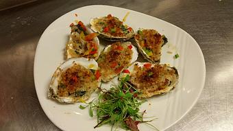 Product: Cable Creek oysters Rockafeller style, baked in our hearth pizza oven - Michael Anthony's at the Inn in Versailles, OH Restaurants/Food & Dining