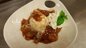 Product: Maple oatmeal pie topped with cinnamon ice cream and Fall spiced apple compote, served warm - Michael Anthony's at the Inn in Versailles, OH Restaurants/Food & Dining