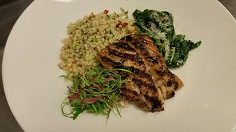 Product: Wood-fired Grouper over cous-cous salad with dried apricots, fresh mint and sauteed spinach with Houtz cheese - Michael Anthony's at the Inn in Versailles, OH Restaurants/Food & Dining