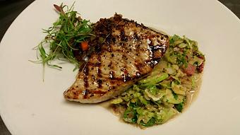 Product: Wood-fired Block Island Swordfish with Himalayan red rice and shaved Brussel sprouts with proscuitto and brandy cream sauce - Michael Anthony's at the Inn in Versailles, OH Restaurants/Food & Dining