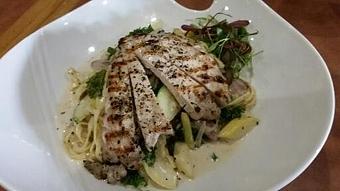 Product: Fresh black pepper linguine with sauteed zucchini, yellow squash, lima beans, green beans, shallots, and fresh kale in a white wine and tarragon cream sauce. Finished with Burrata cheese and grilled chicken. - Michael Anthony's at the Inn in Versailles, OH Restaurants/Food & Dining