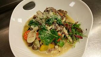 Product: Fresh egg linguine with wild mushrooms, shallots, carrots, celery, kale, thyme, scallions, and braised beef in a mushroom stock and butter sauce with truffle oil and parmesan cheese - Michael Anthony's at the Inn in Versailles, OH Restaurants/Food & Dining