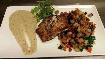 Product: Pan-seared Atlantic Cod over a sweet potato and smoked pancetta hash witth roasted shallot and sage cream sauce. - Michael Anthony's at the Inn in Versailles, OH Restaurants/Food & Dining