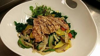 Product: Fresh black pepper linguine aglio e olio style with yellow squash, zucchini, heirloom carrots, kale, shallots, and fresh basil topped with grilled chicken - Michael Anthony's at the Inn in Versailles, OH Restaurants/Food & Dining