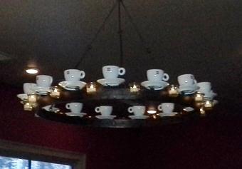 Product: Our illy cappuccino chandelier in Italian Life Caffe - Michaelee's Italian Life Caffe in Blairsville Town Square - Blairsville, GA Dessert Restaurants